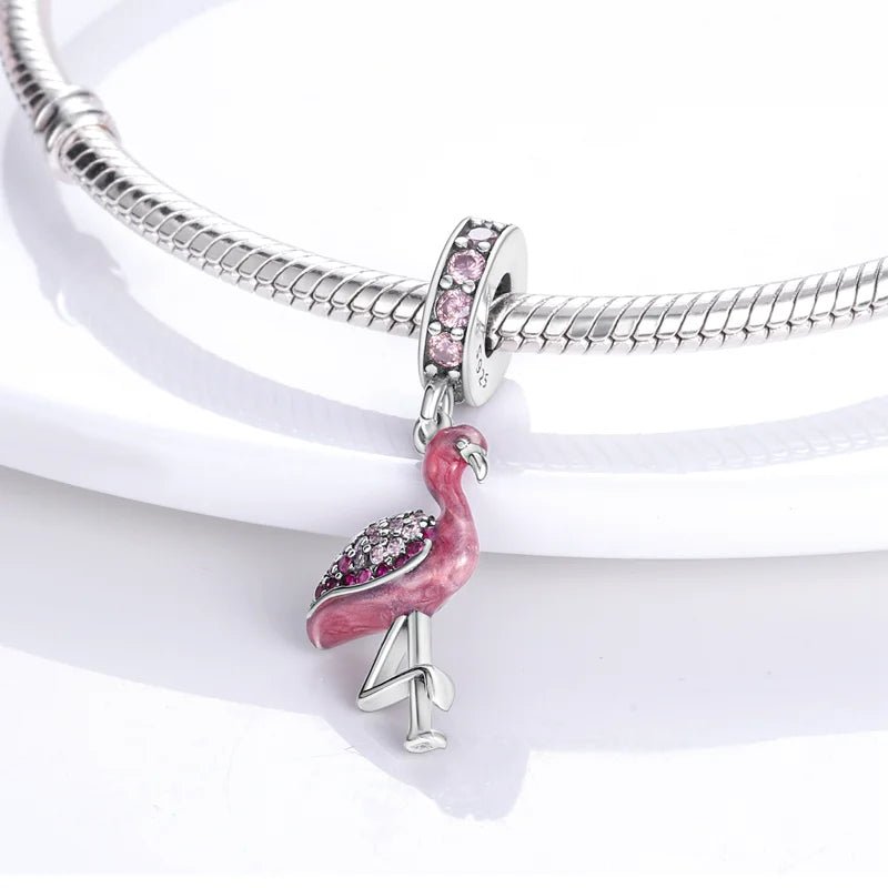 Flamingo Charm Anhänger Versilbert mit Strasssteinen – Pink für Bettelarmband - CharmsLuv
