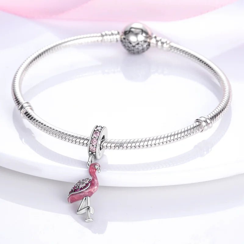 Flamingo Charm Anhänger Versilbert mit Strasssteinen – Pink für Bettelarmband - CharmsLuv