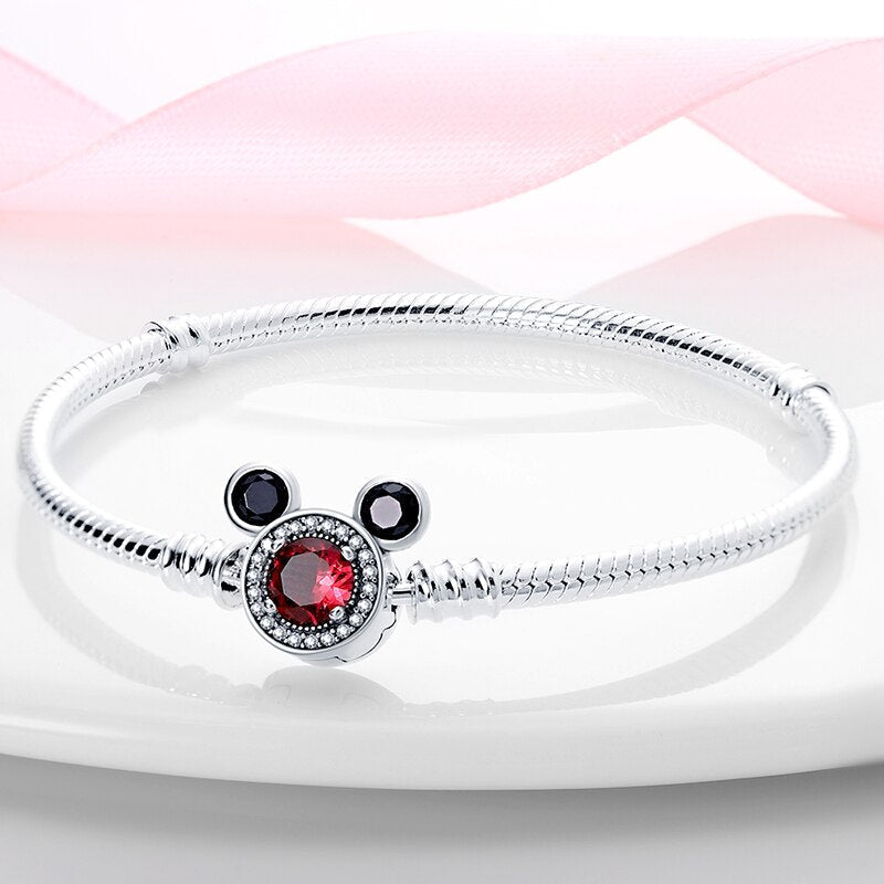Mickey Mouse Charm Armband 925 Sterling Silber – Mäusekopf Verschluss mit Zirkonia (17–21 cm) - CharmsLuv