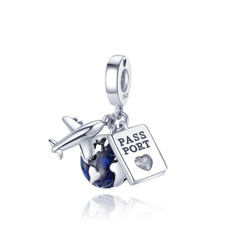 Reise Charm Anhänger Set 925 Sterling Silber – Flugzeug, Weltkugel & Reisepass für Bettelarmband - CharmsLuv