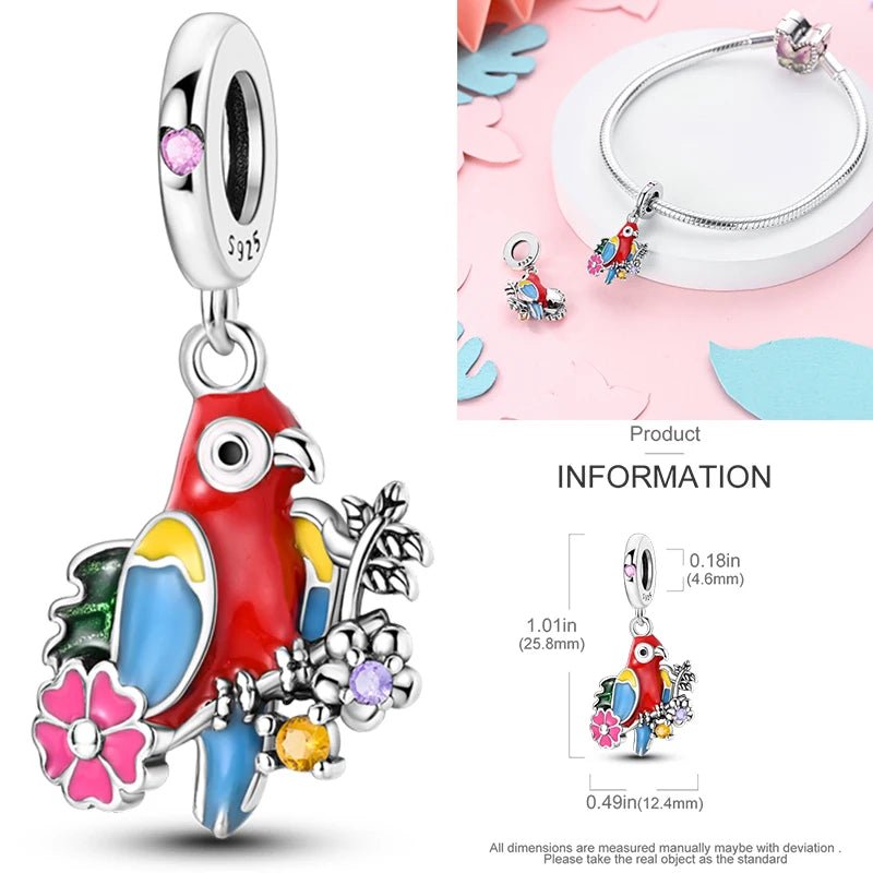 Vogel Charm Anhänger 925 Sterling Silber – Eule, Papagei & Flamingo mit Zirkonia für Bettelarmband - CharmsLuv
