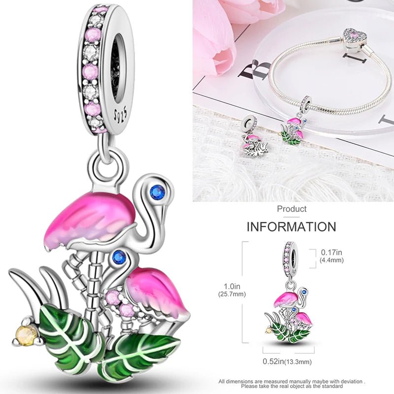 Vogel Charm Anhänger 925 Sterling Silber – Eule, Papagei & Flamingo mit Zirkonia für Bettelarmband - CharmsLuv
