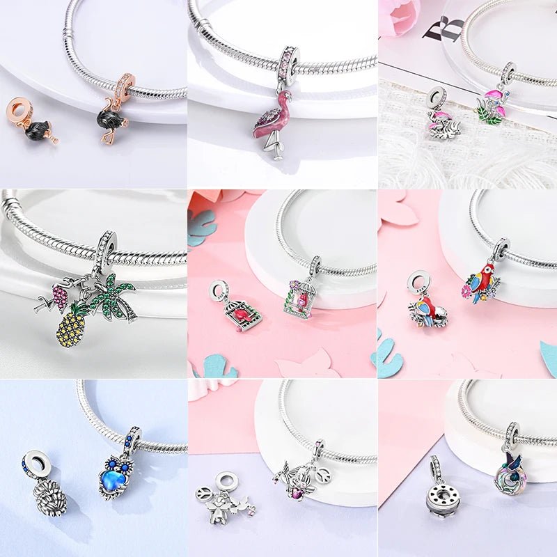 Vogel Charm Anhänger 925 Sterling Silber – Eule, Papagei & Flamingo mit Zirkonia für Bettelarmband - CharmsLuv