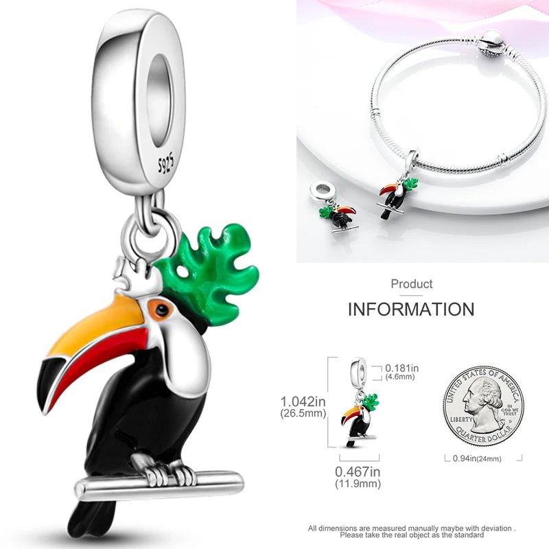 Vogel Charm Anhänger 925 Sterling Silber – Eule, Papagei & Flamingo mit Zirkonia für Bettelarmband - CharmsLuv