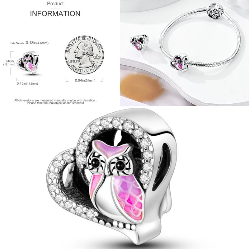 Vogel Charm Anhänger 925 Sterling Silber – Eule, Papagei & Flamingo mit Zirkonia für Bettelarmband - CharmsLuv